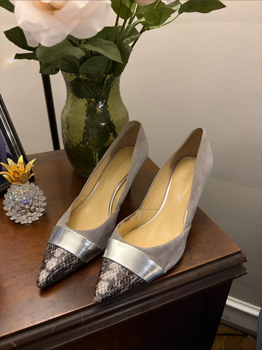 Ivanka Trump Gray Suede Pumps with Silver Strap and Snakeskin Toe Cap